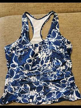 Women’s Blue & White Floral Racerback Swim Tank Large